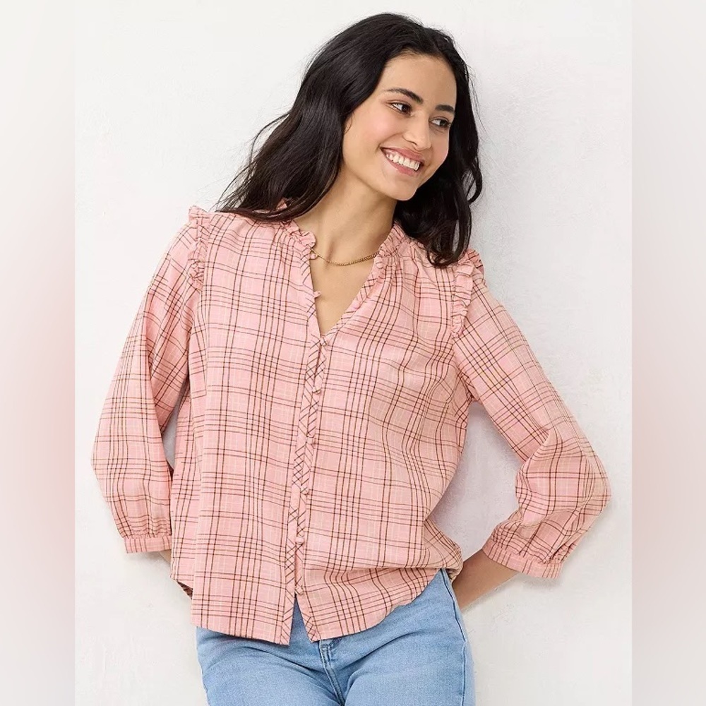 Lauren Conrad Pink Plaid Ruffle 3/4 Sleeve Blouse Small